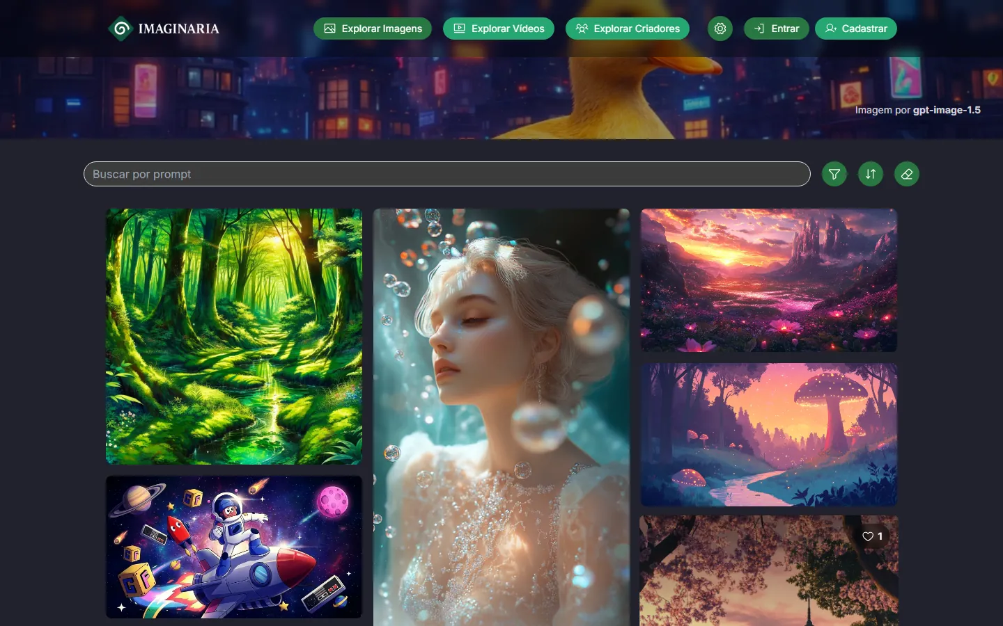 Galeria pública em mosaico, ordenada por curtidas.
