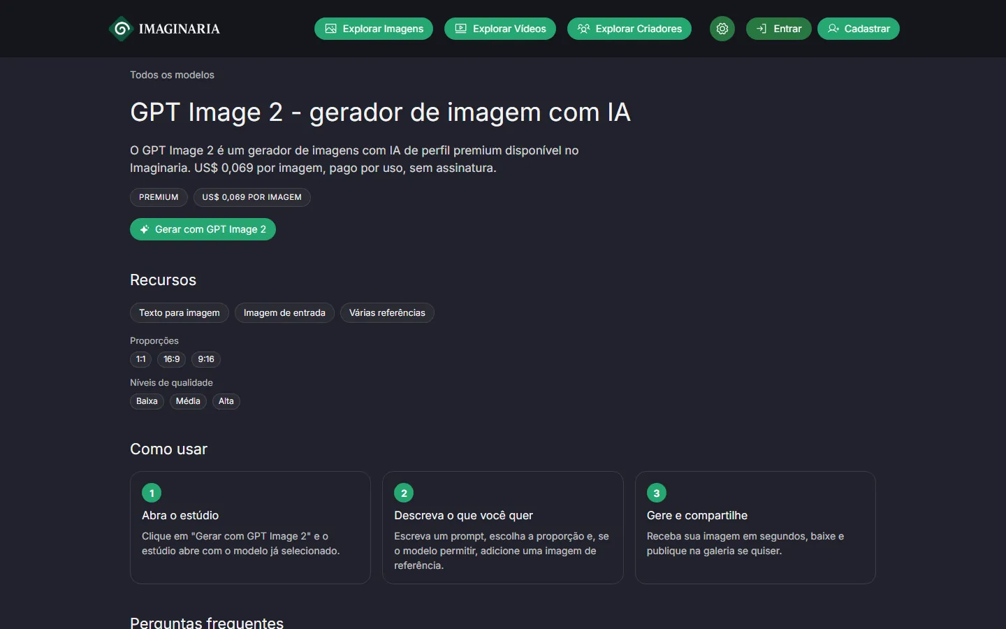 Página de modelo com recursos, proporções e preço por imagem.