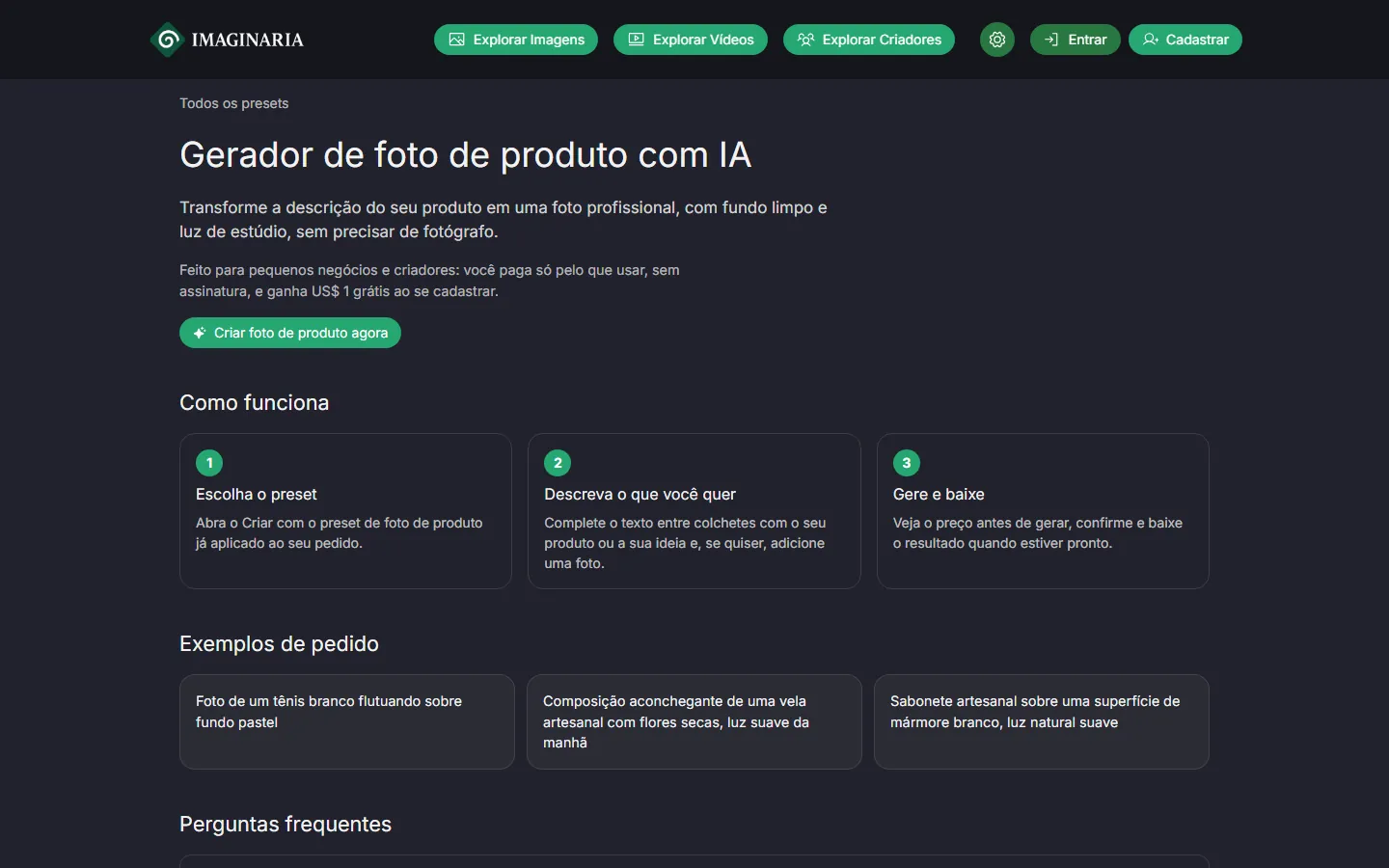 Preset de foto de produto, com página própria.