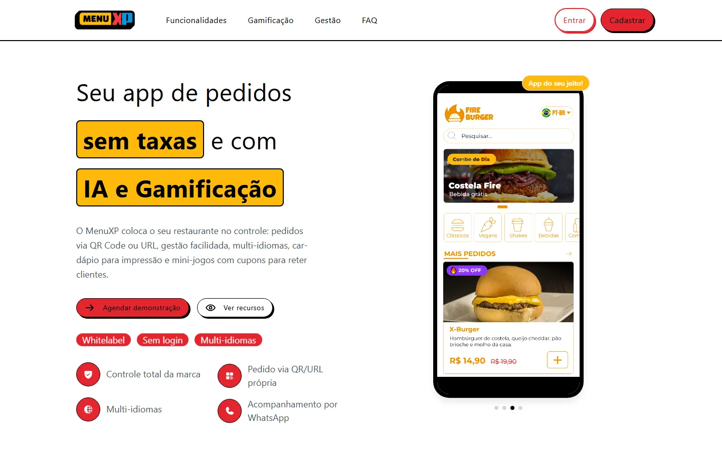 Home do MenuXP: pedidos sem taxa, com IA e gamificação.