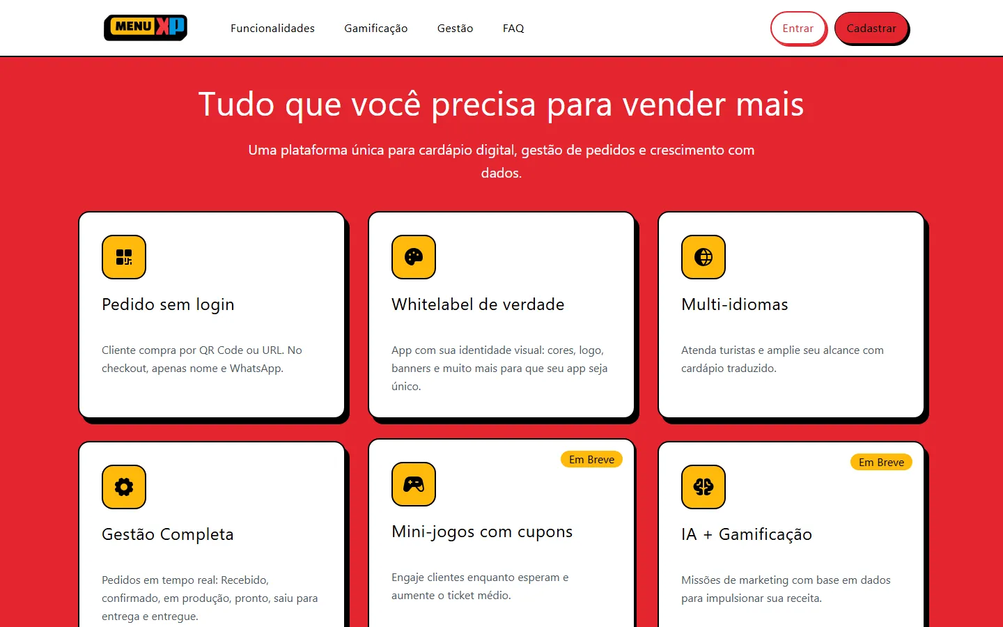Os recursos: pedido sem login, whitelabel, idiomas, gestão, minijogos e IA.