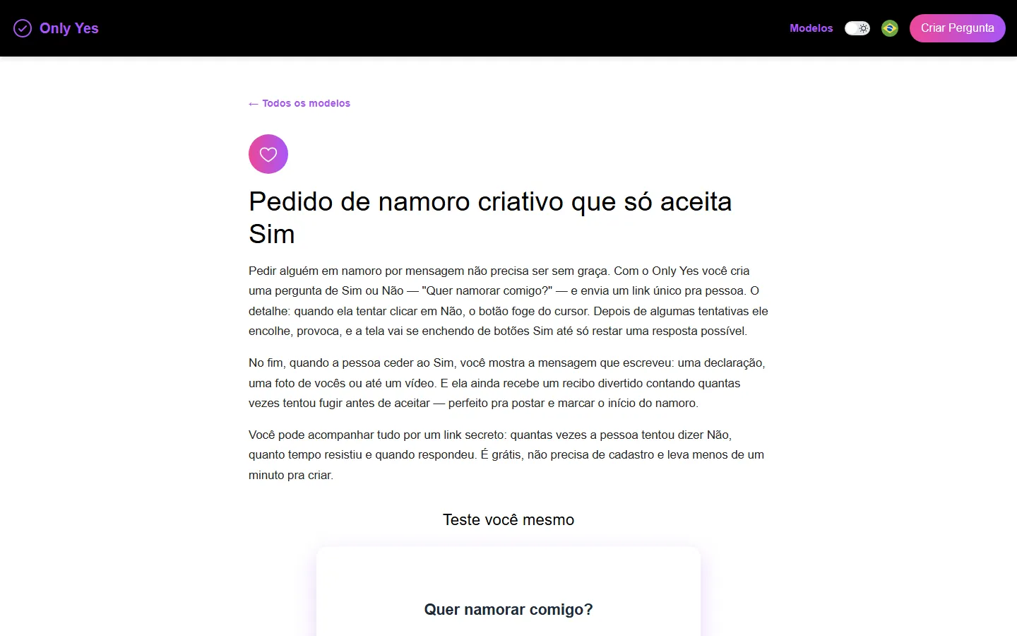 Página de modelo com demo e FAQ.