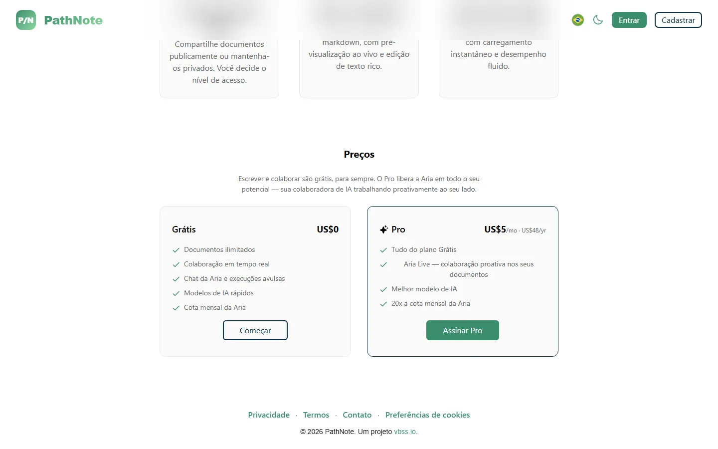 Planos Grátis e Pro.