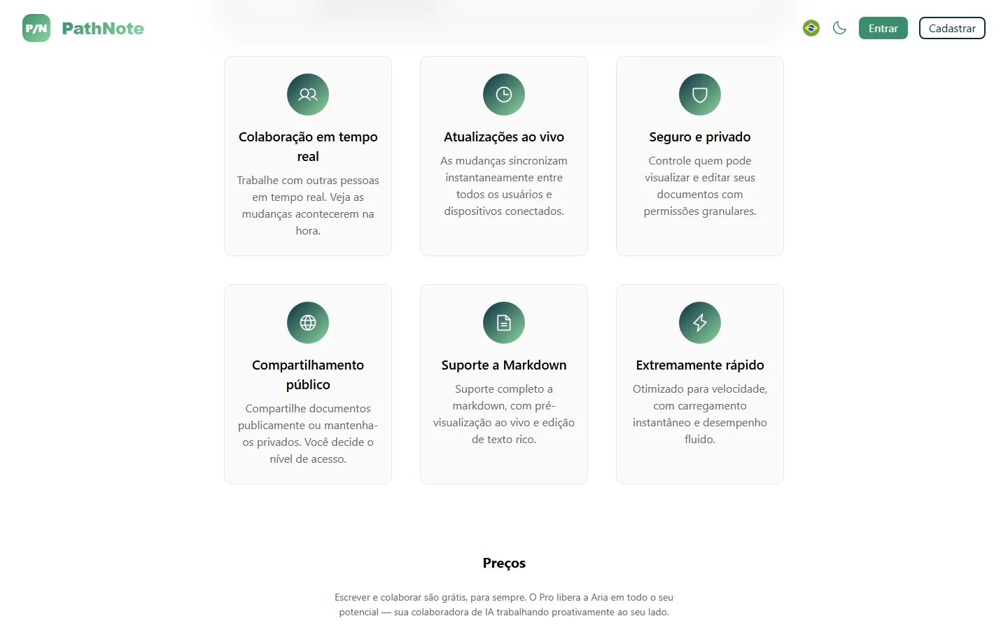 Colaboração em tempo real, permissões e markdown.