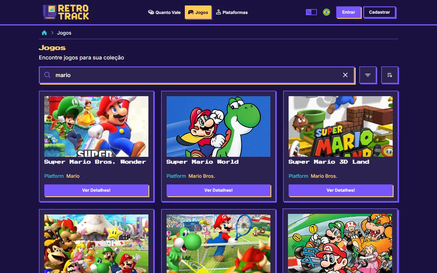 Catálogo de jogos com busca e filtros.