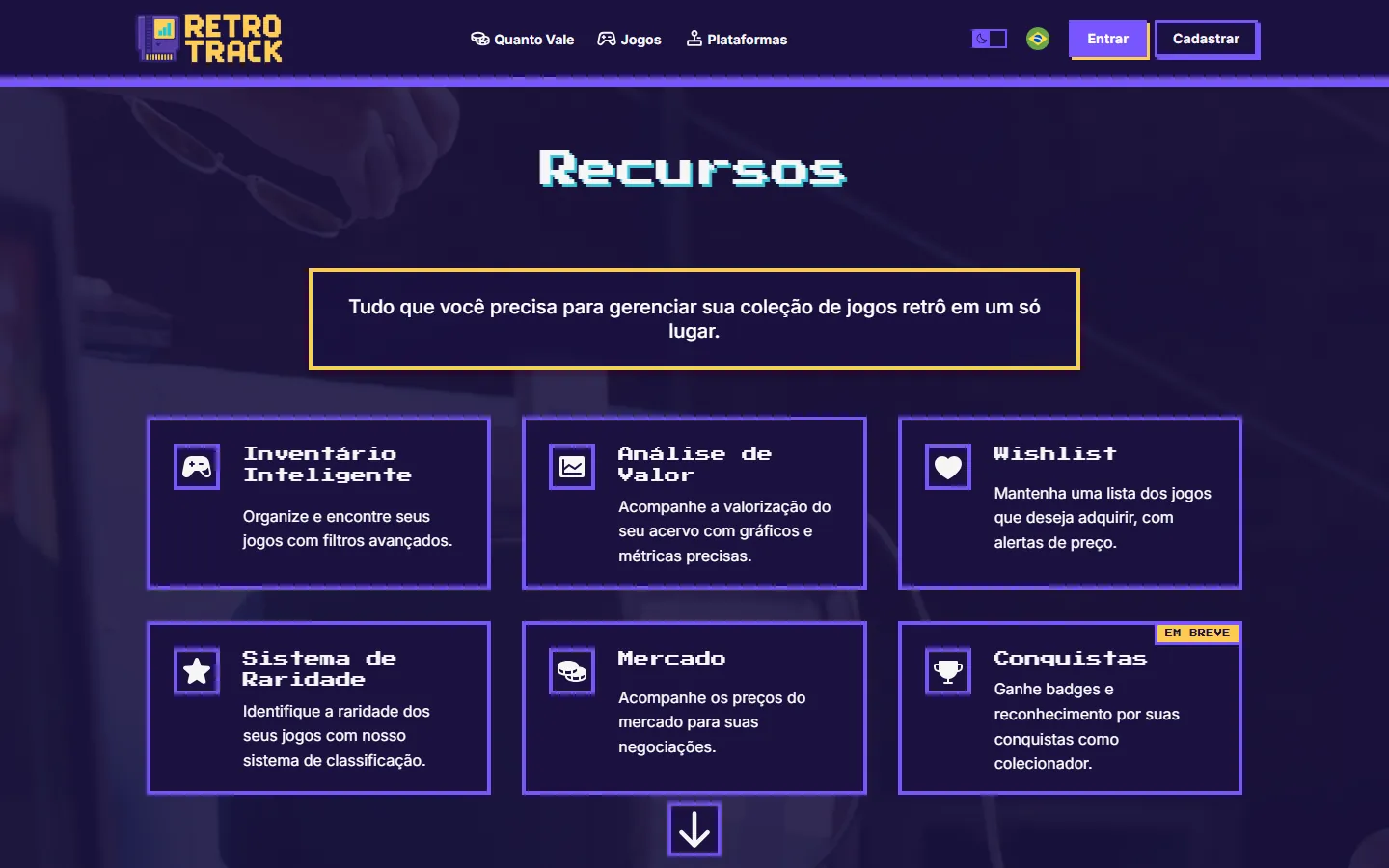 Os recursos do produto: inventário, valor, wishlist, raridade e mercado.