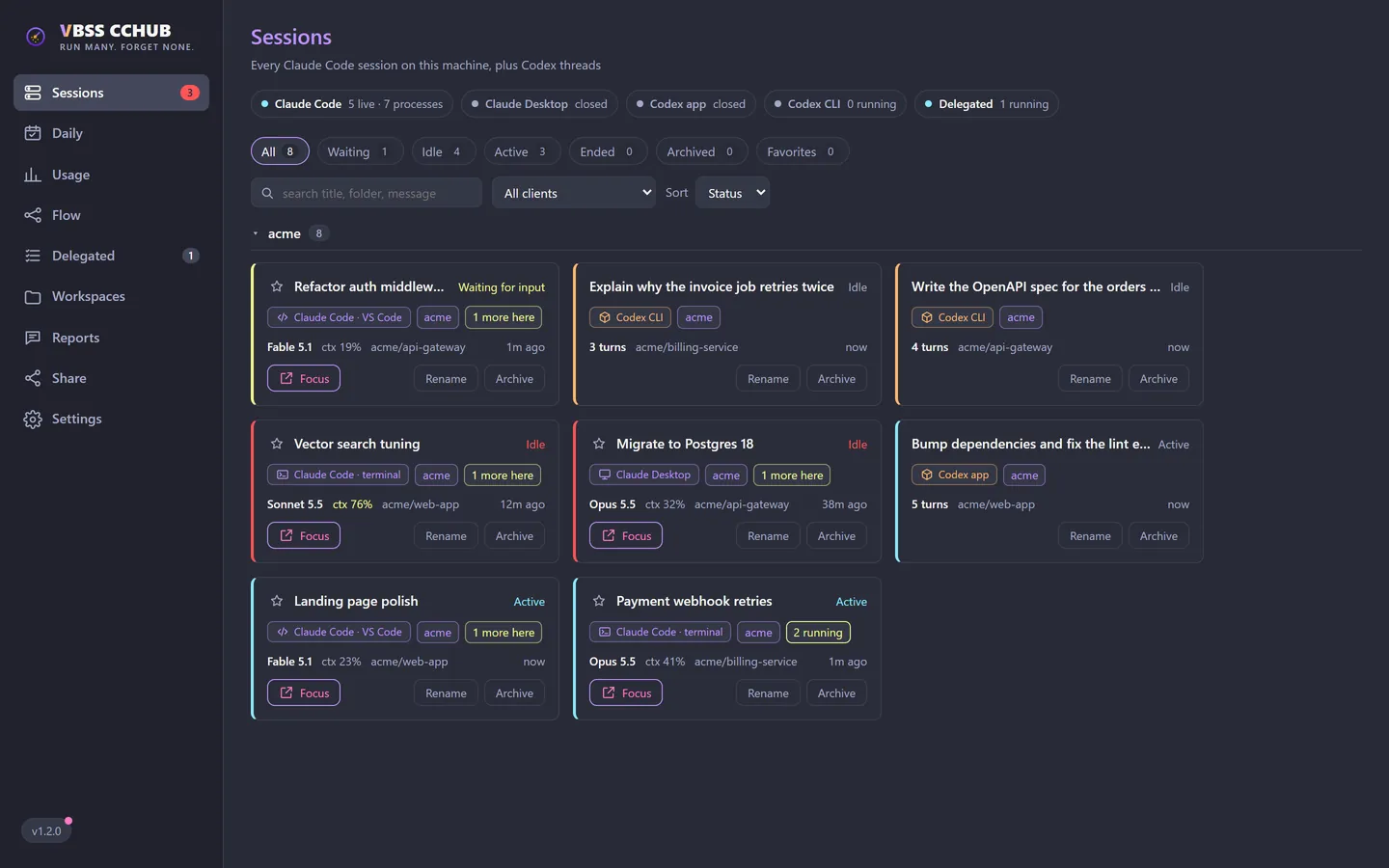 Painel de sessões de Claude Code e Codex, agrupadas por workspace (dados de exemplo).