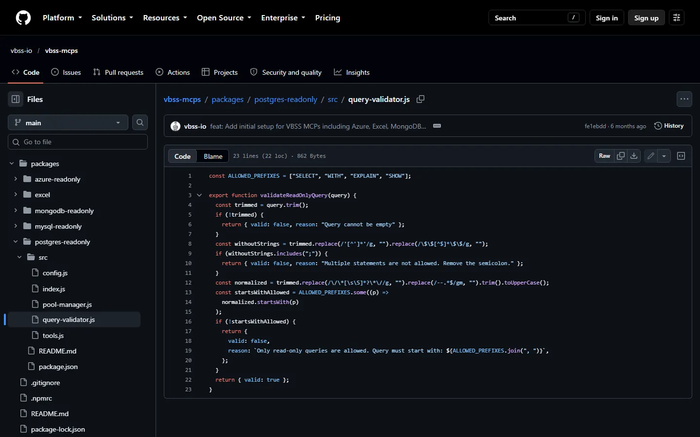 O validador do Postgres: só SELECT, WITH, EXPLAIN e SHOW, um comando por vez.