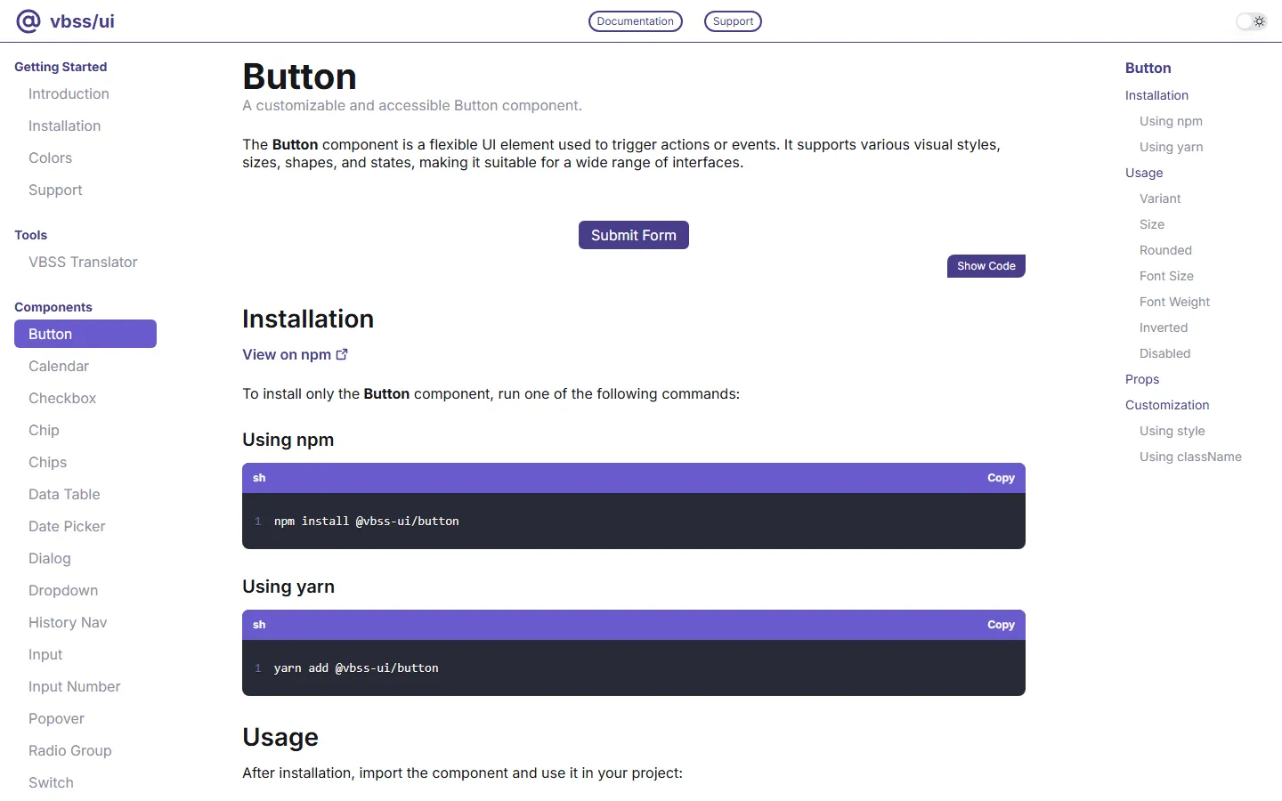 Página do Button, com instalação só do pacote dele.