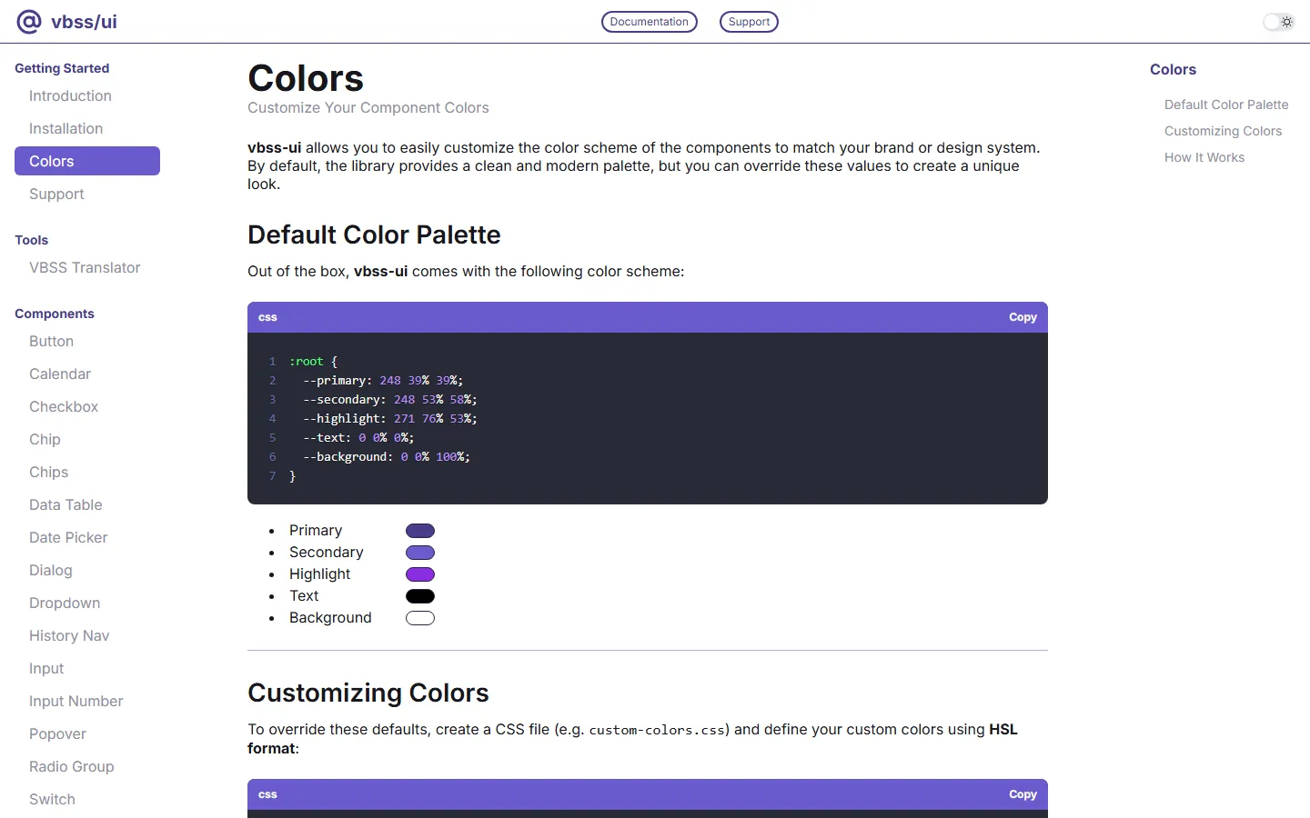 Tema por 5 variáveis CSS em HSL.
