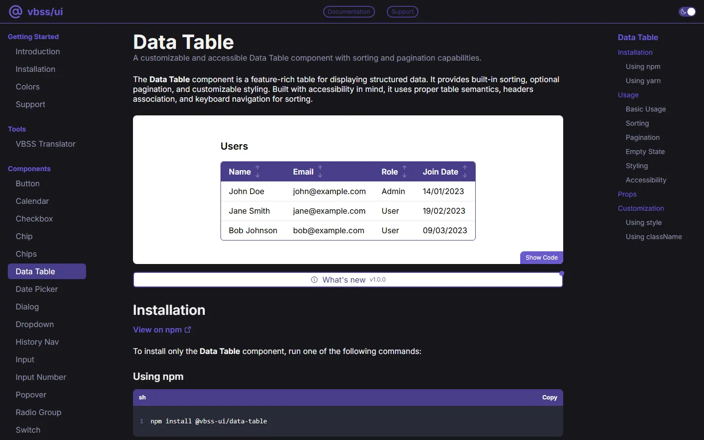 Data Table com ordenação e paginação, na documentação em modo escuro.