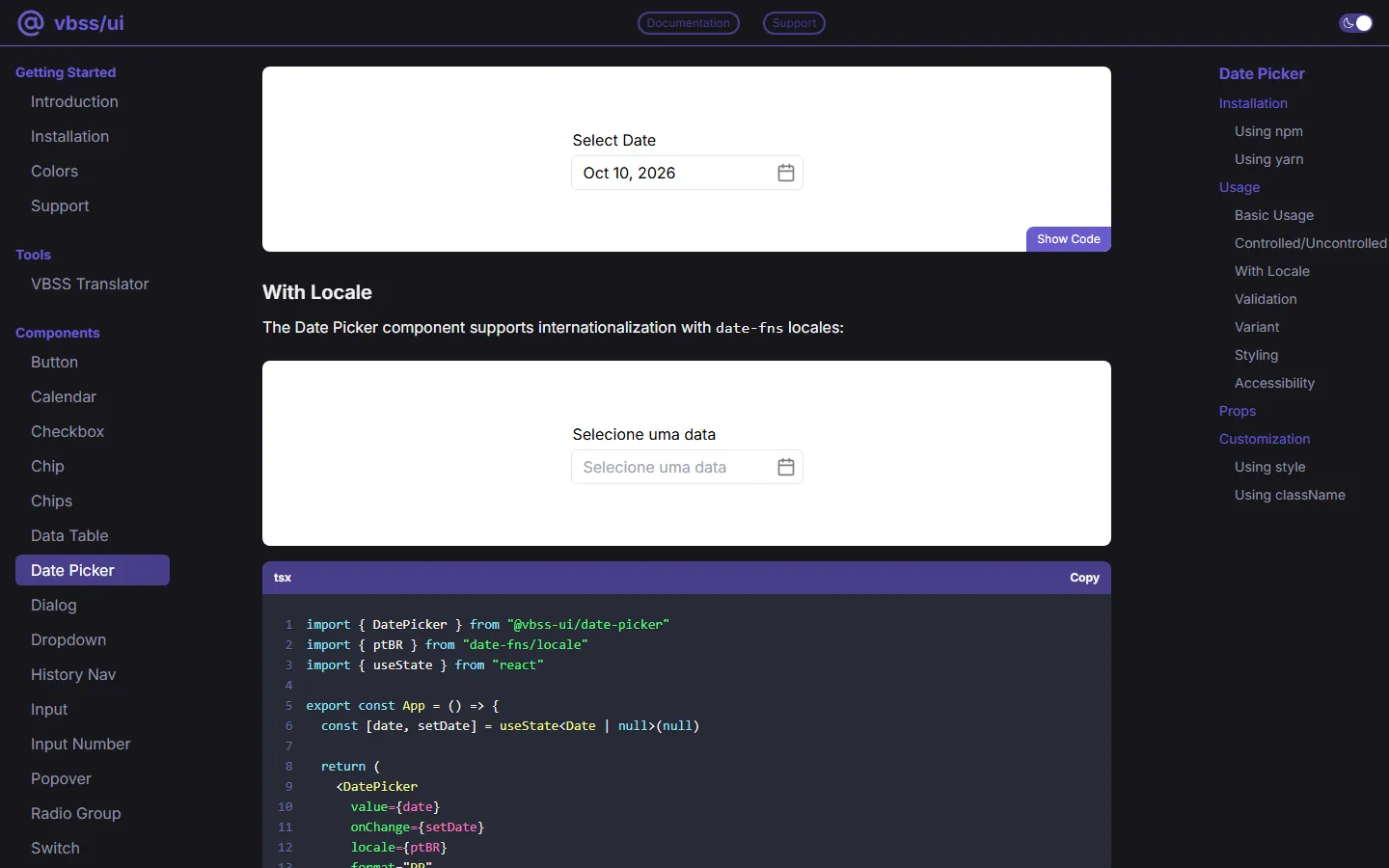 Date Picker com locale e o código do exemplo.
